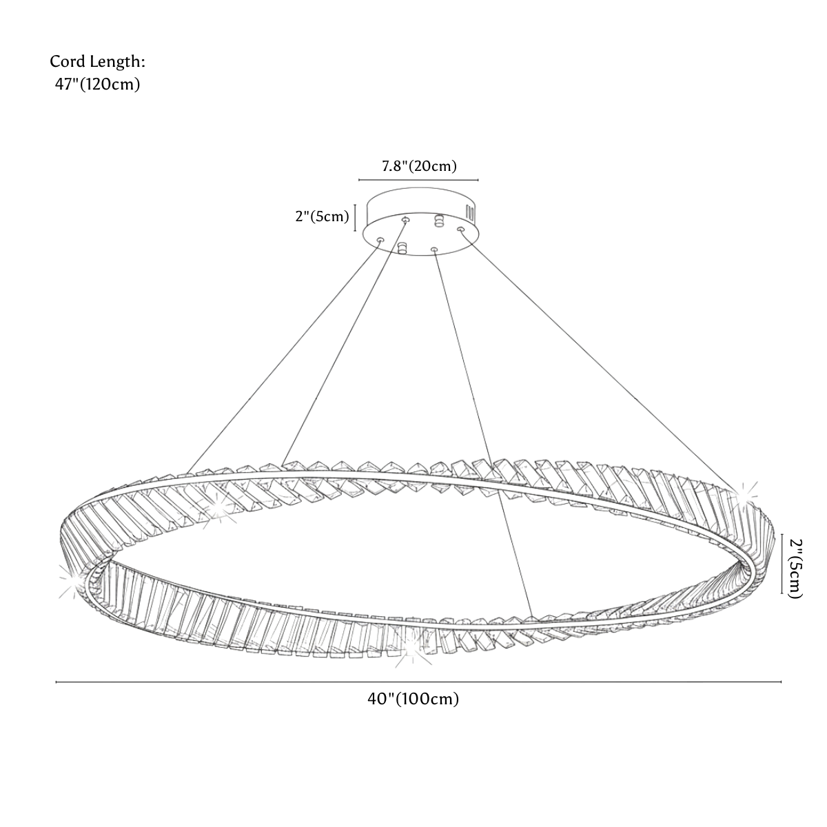 Clérachic chandelier dimension drawing, 100 cm × 5 cm, 80 W, every measurement marked in centimetres and inches.