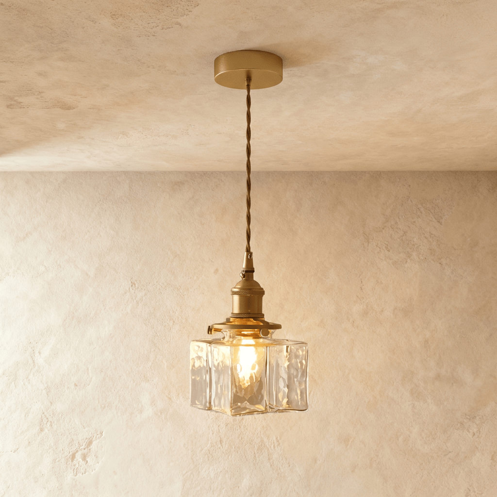 Clérachic gold cube pendant light hangs on a twisted cord, its textured glass shade glowing warm indoors.