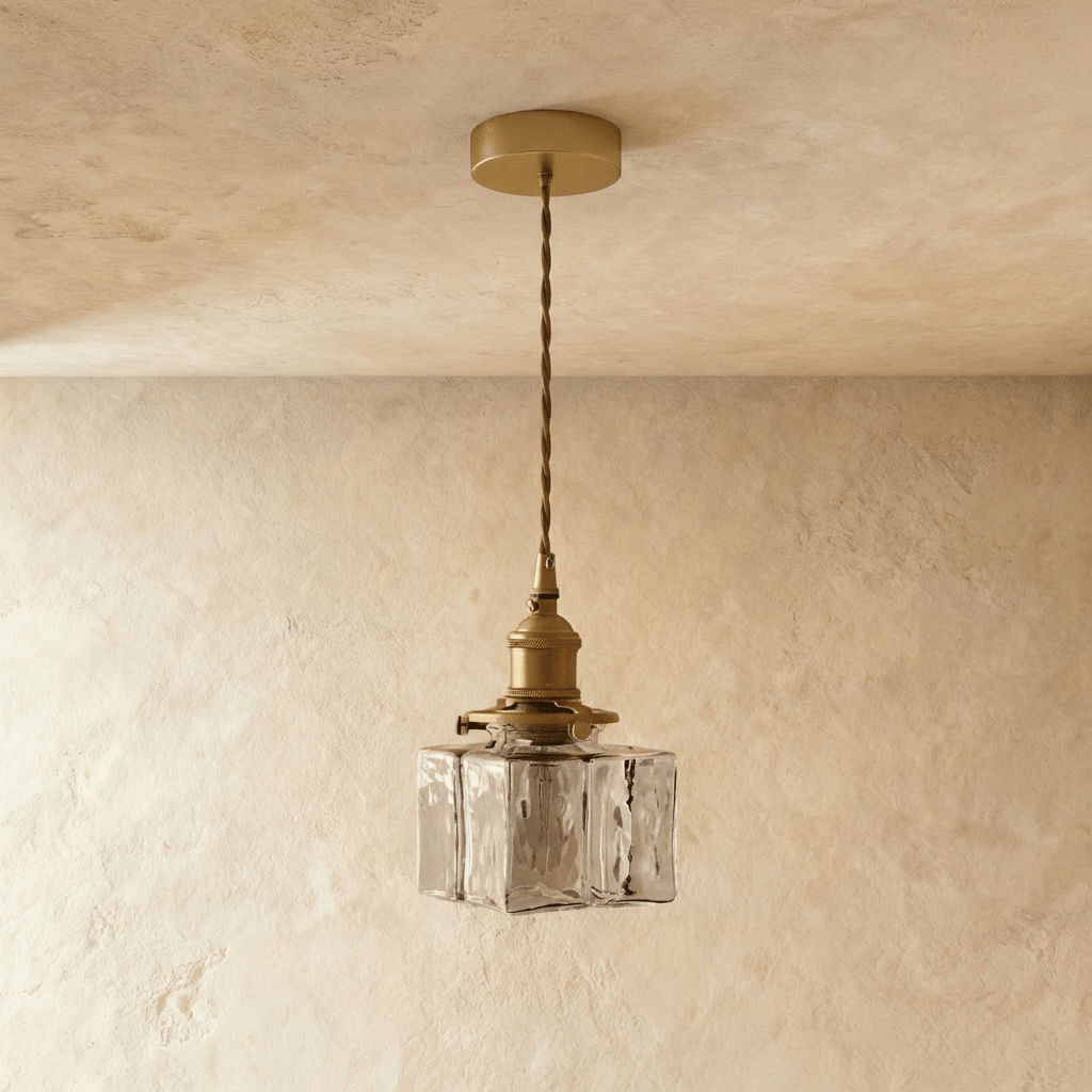 Clérachic gold cube pendant light shown unlit, faceted glass shade hanging against a warm plaster wall.
