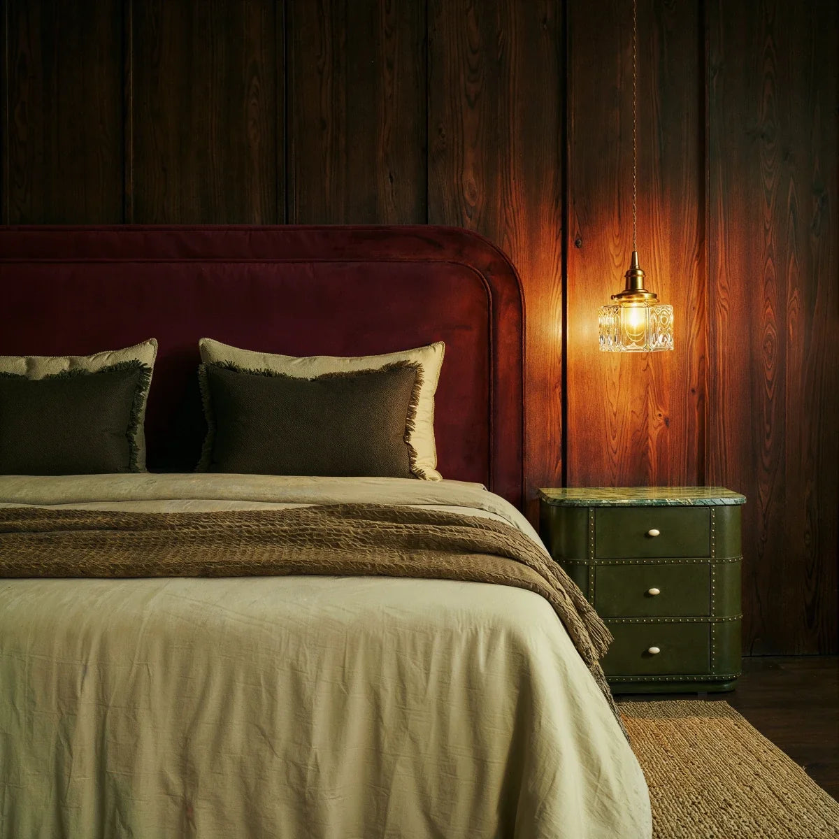 Clérachic gold cube pendant light glows beside a burgundy velvet headboard against dark wood-panelled walls.