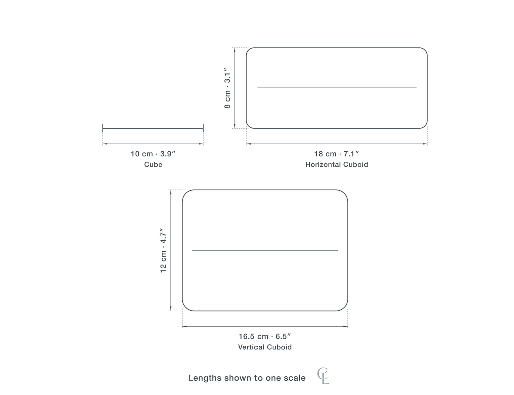 Technical dimension drawing of the Clérachic Gold Cube Pendant Light for Kitchen Island, Frosted Glass, 10 cm in 3 sizes — Cube at 10 cm (3.9″) long, Horizontal Cuboid at 18 × 8 cm (7.1 × 3.1″), Vertical Cuboid at 16.5 × 12 cm (6.5 × 4.7″), drawn to one scale.