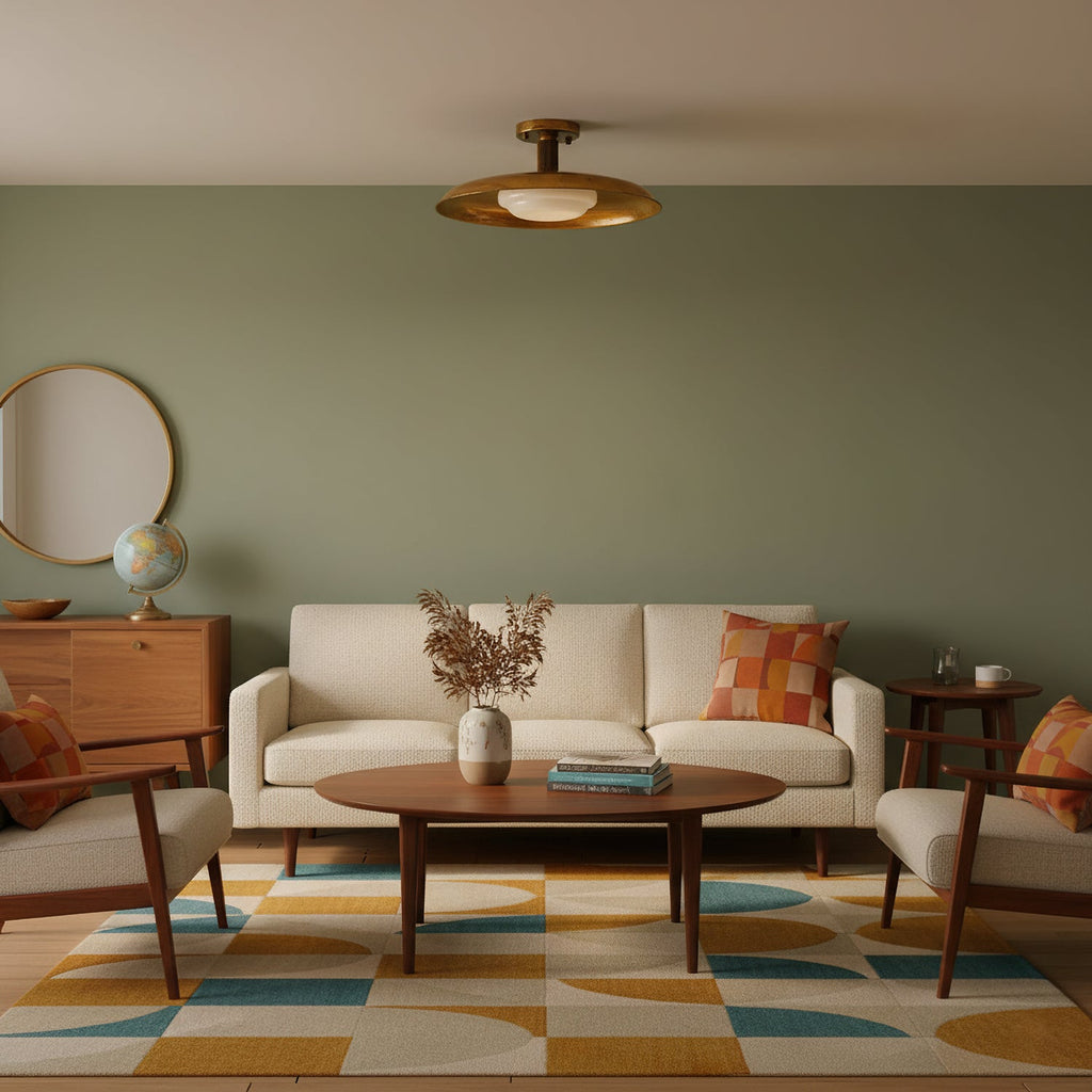 A Clérachic gold ceiling light in a living room with a sage wall, a cream sofa and a geometric rug.