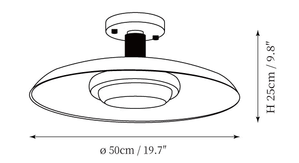 Clérachic ceiling light dimension drawing, every measurement marked in centimetres and inches.