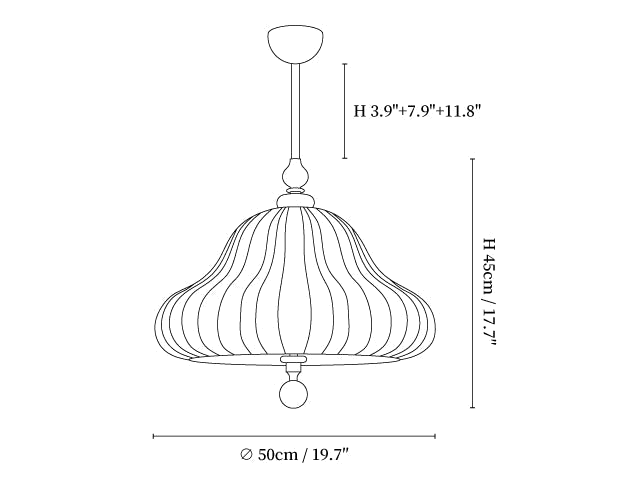 Clérachic pendant light dimension drawing, every measurement marked in centimetres and inches.