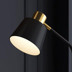 Close view of the black conical shade and brushed gold cap on this Clérachic floor lamp, against a dark panelled wall.