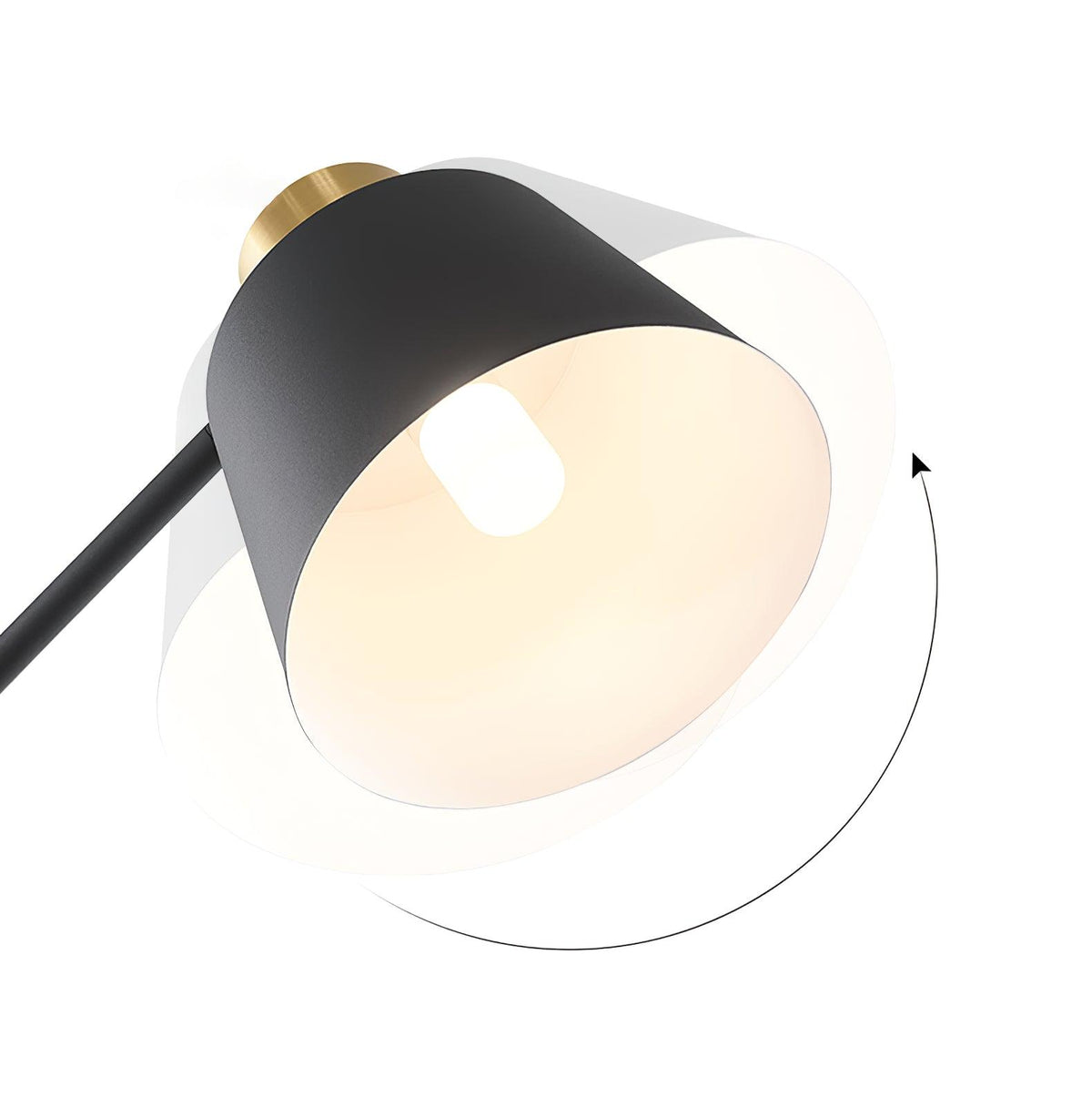Close view of the black shade on this Clérachic floor lamp, with a ghosted outline and arrow showing how it tilts.