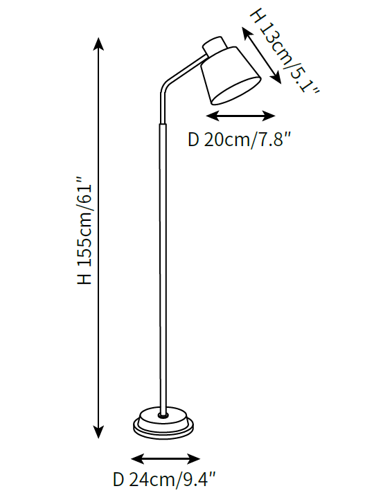 Clérachic floor lamp dimension drawing, every measurement marked in centimetres and inches.