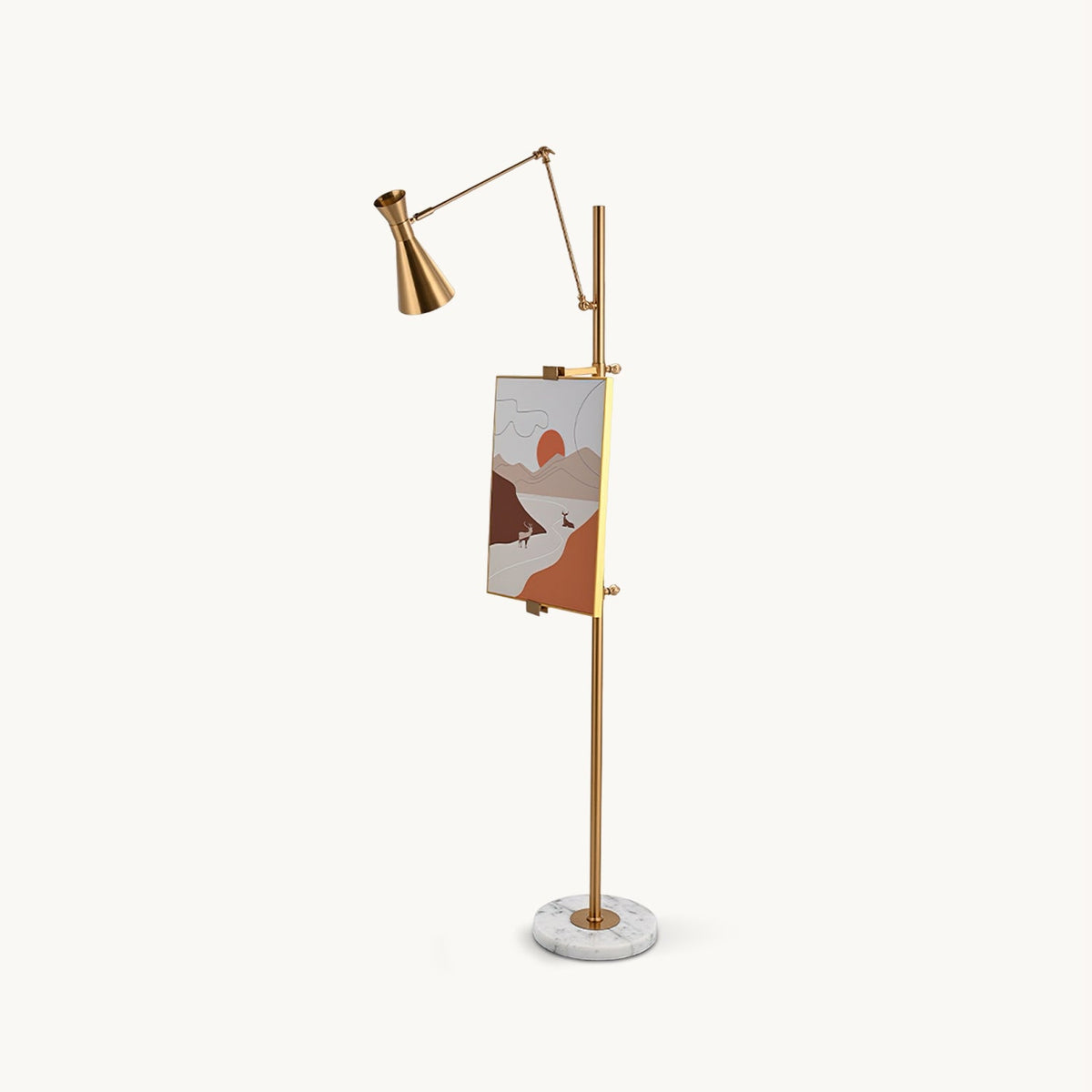 Gold Clérachic floor lamp with a cone shade on an angled arm, a framed picture on its pole and a round white marble base, on a plain backdrop.