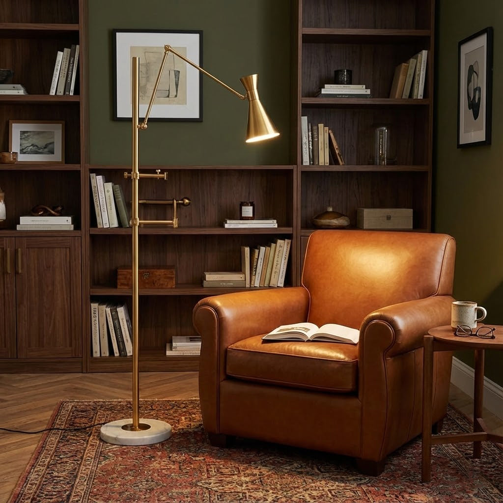 A Clérachic gold floor lamp leans its cone shade over a tan leather armchair, with dark wood bookshelves and a patterned rug behind it.