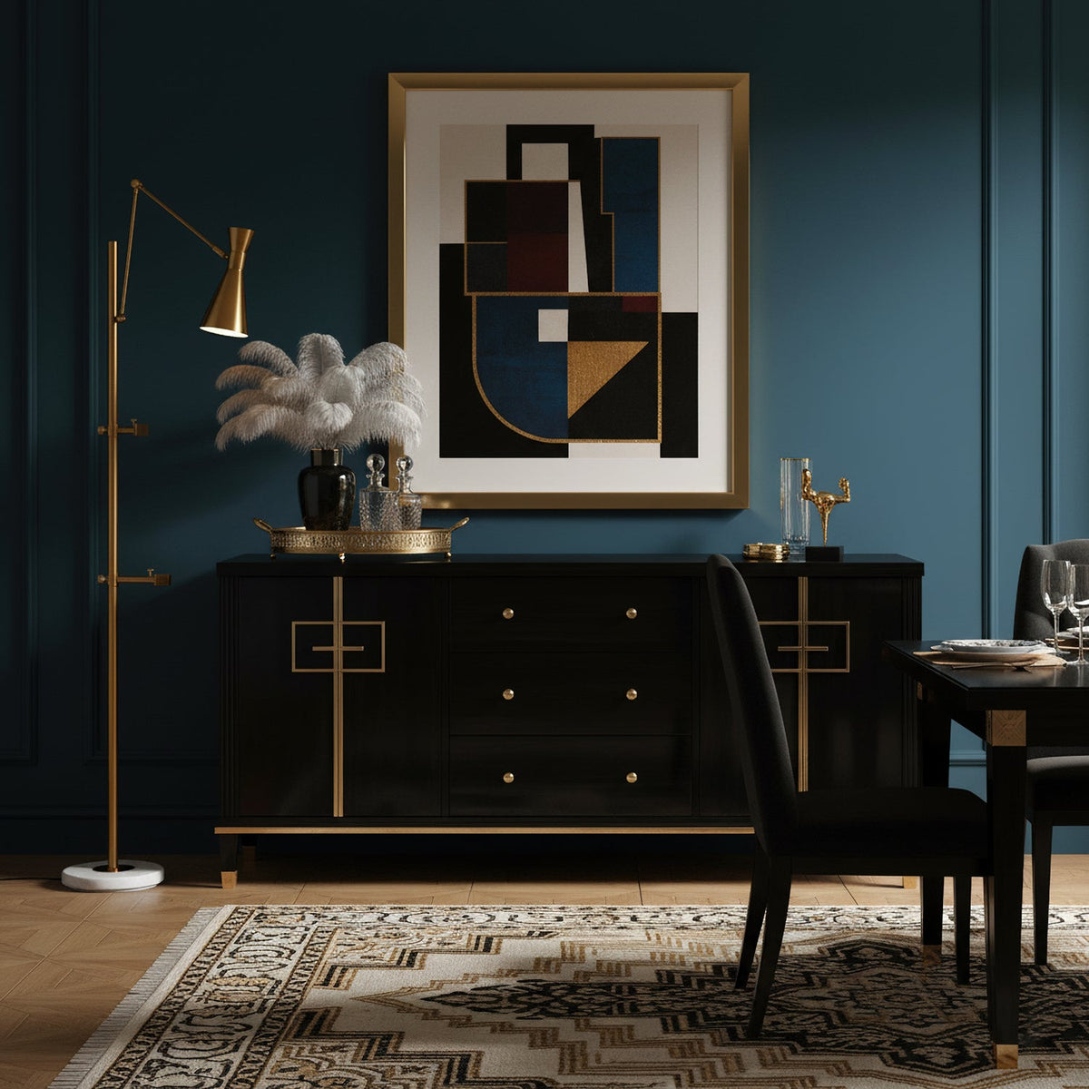 Clérachic floor lamp in gold with a lit cone shade, set against a deep teal wall beside a black sideboard and a large geometric print.