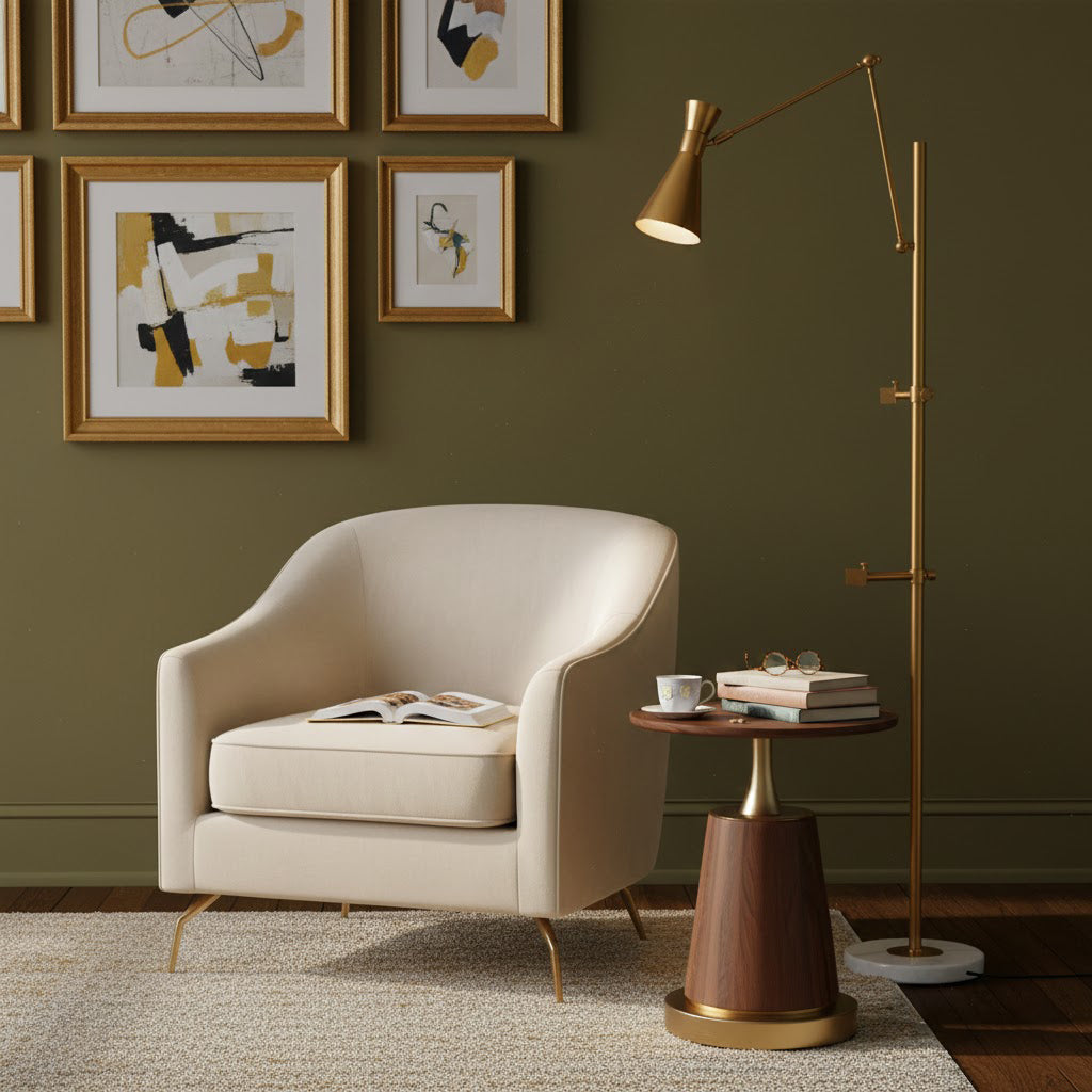 Lit gold cone shade on a Clérachic floor lamp above a cream armchair, with a round side table and framed prints on an olive wall.