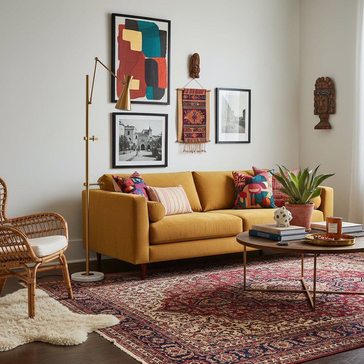 Slim gold Clérachic floor lamp in a bright living room with a mustard sofa, a patterned red rug and a wall of framed prints.