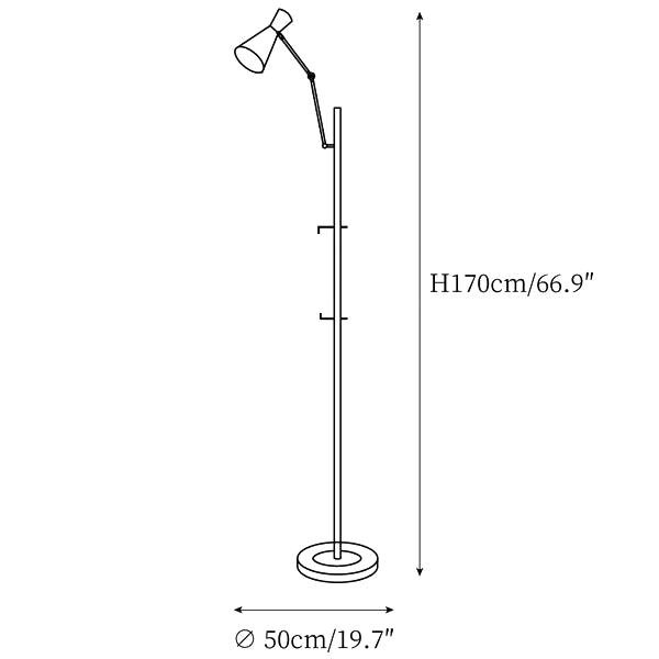 Clérachic floor lamp dimension drawing, every measurement marked in centimetres and inches.