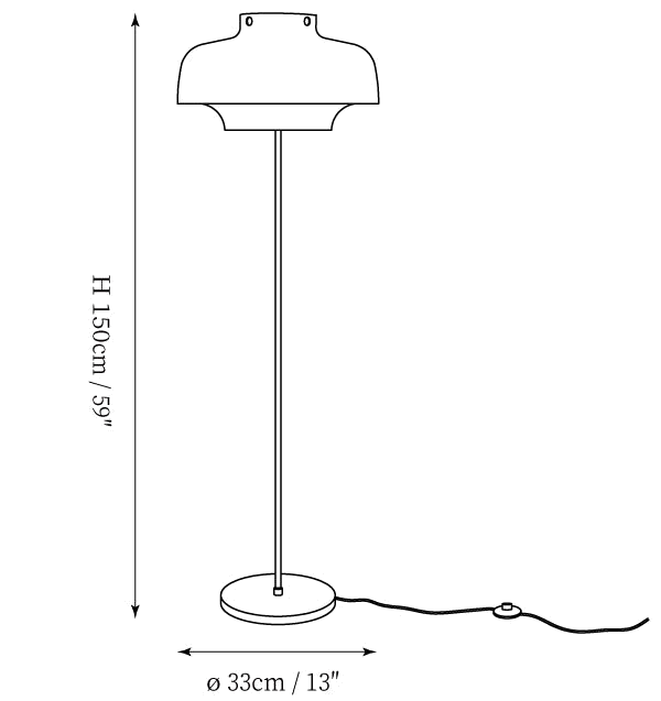 Clérachic floor lamp dimension drawing, every measurement marked in centimetres and inches.