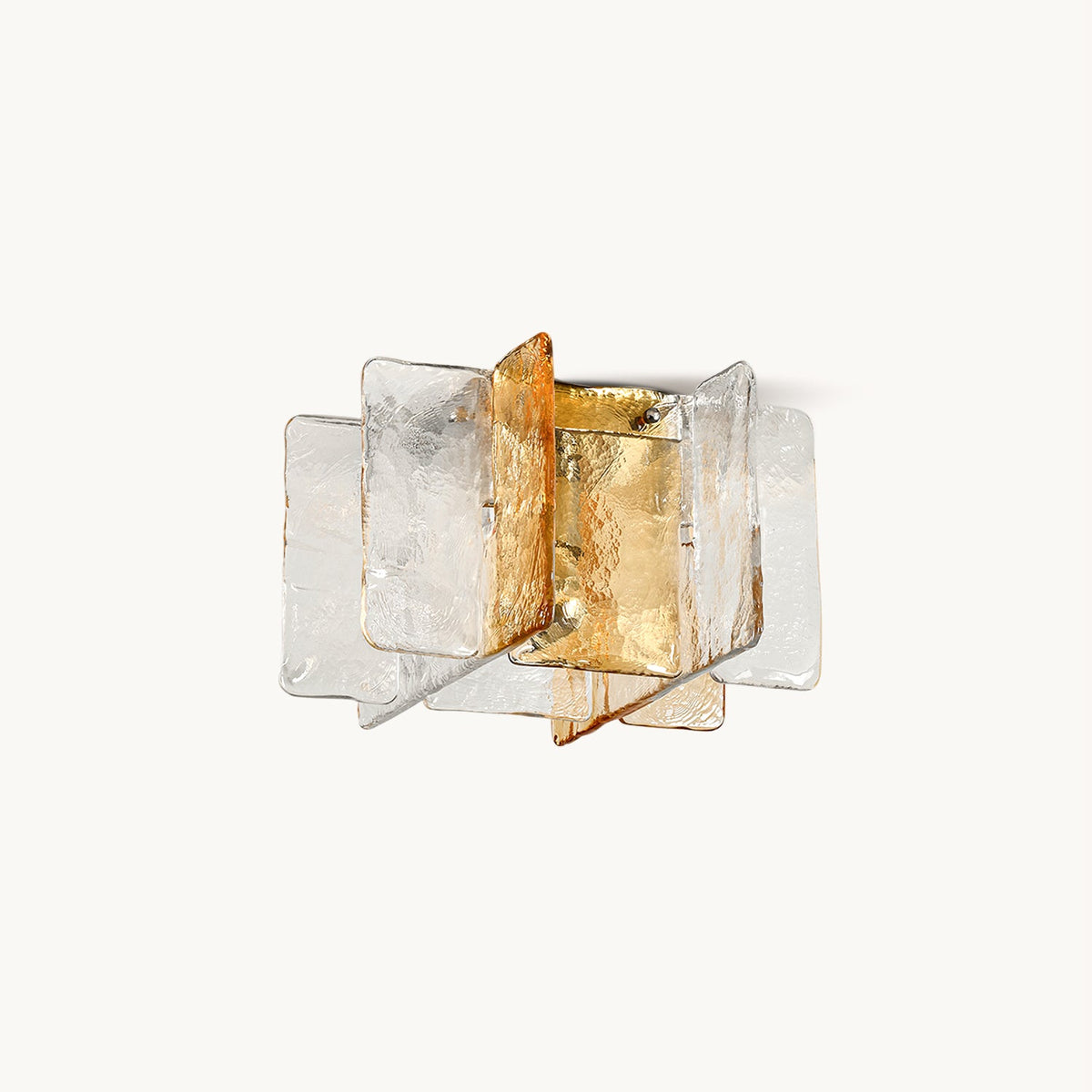 Overlapping clear and amber textured glass panes around a central frame, this Clérachic flush-mount ceiling light on a plain white backdrop.