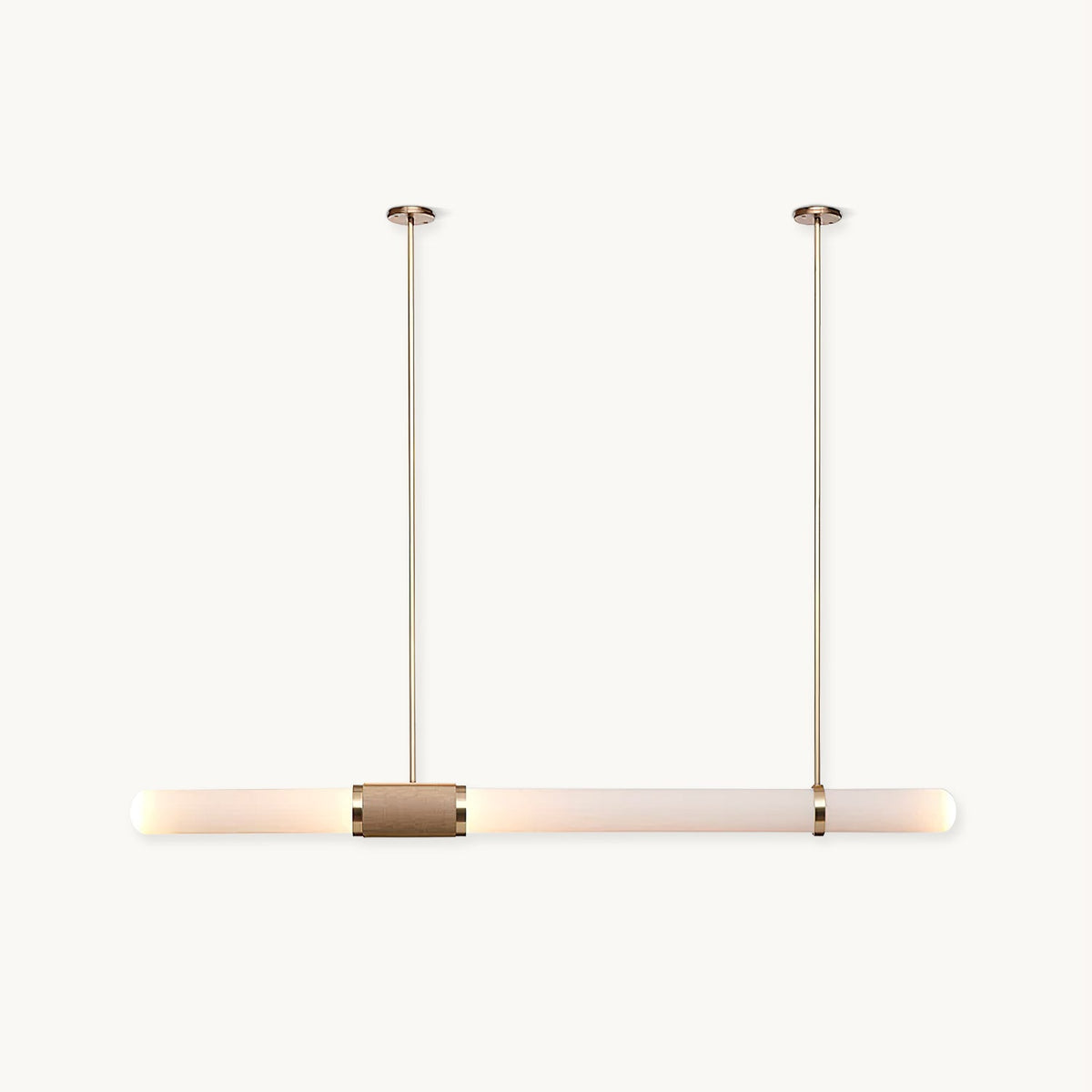 A Clérachic pendant light on a plain white backdrop, a long frosted tube hung from two slim gold rods with a woven band at its centre.