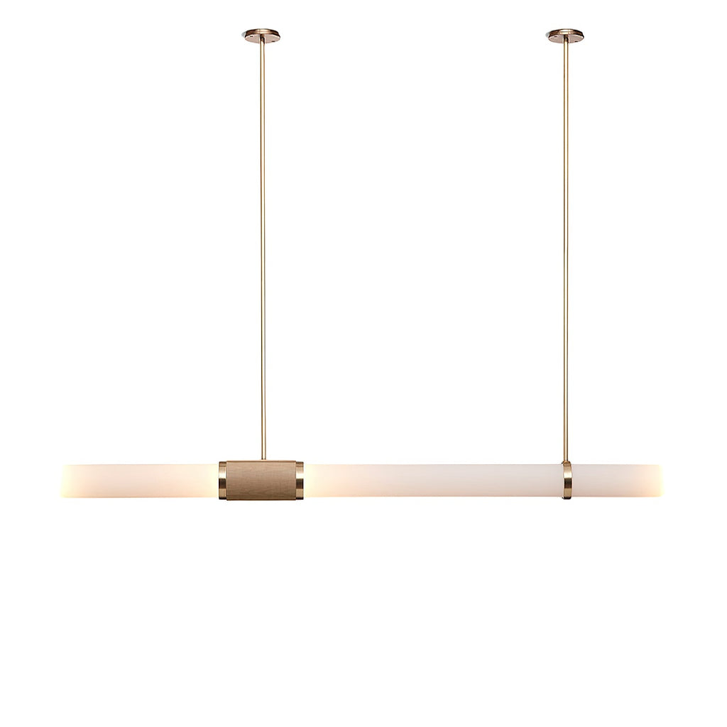 Side view of this Clérachic pendant light on white, showing the frosted tube, woven centre band and two slim gold ceiling rods.