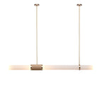 Side view of this Clérachic pendant light on white, showing the frosted tube, woven centre band and two slim gold ceiling rods.