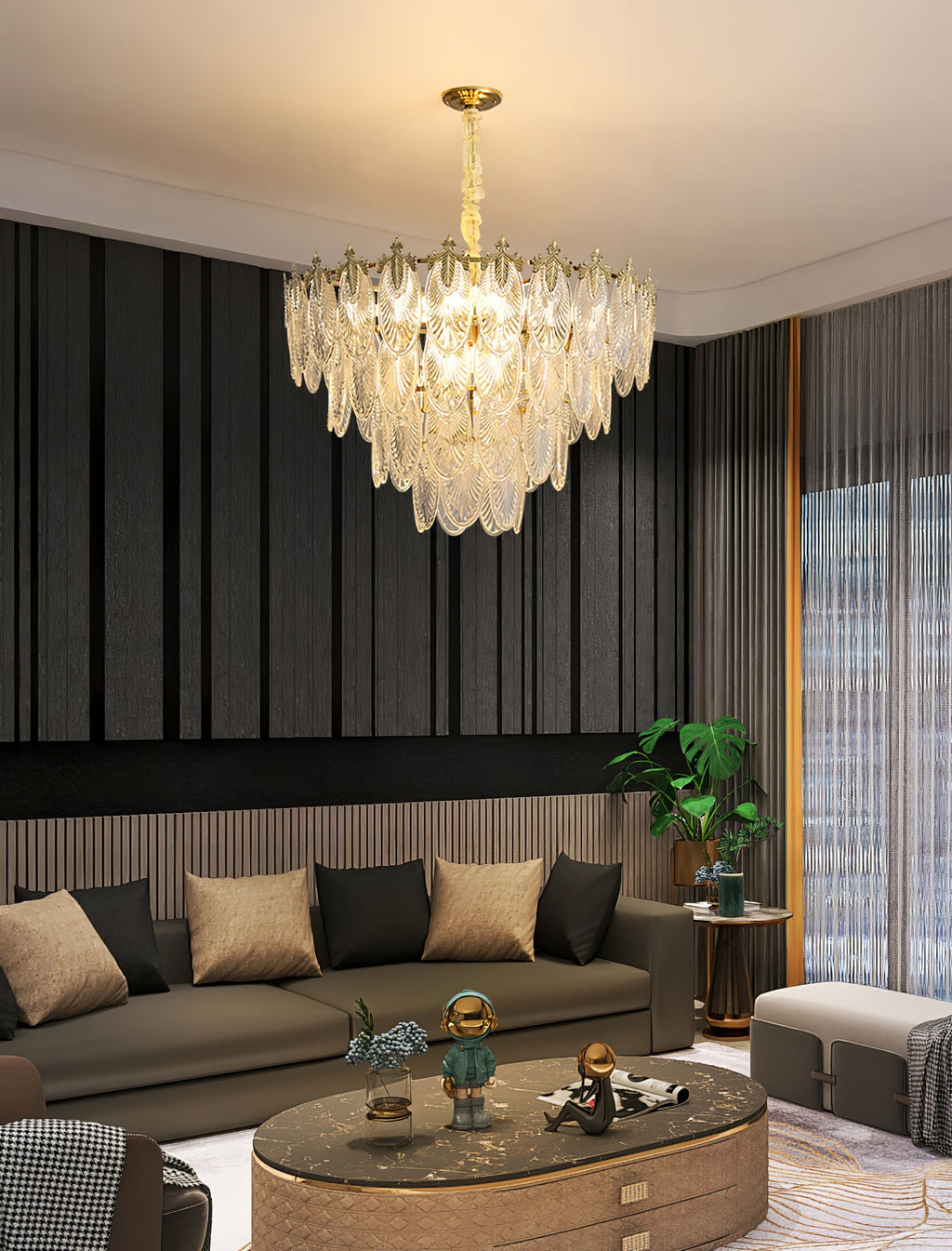 A Clérachic chandelier lights a lounge with striped dark wall panels, an olive sofa with tan cushions and an oval gold coffee table.