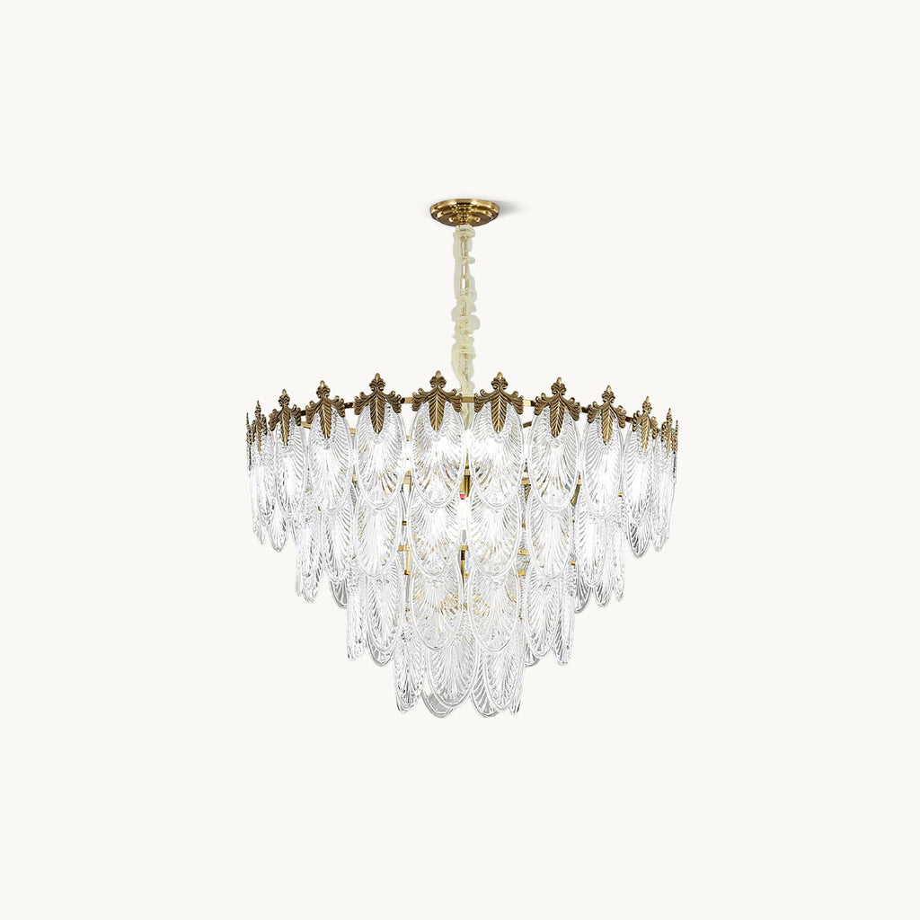 Unlit Clérachic chandelier on a cream backdrop, with four stepped tiers of clear glass leaves under a gold crown and canopy.