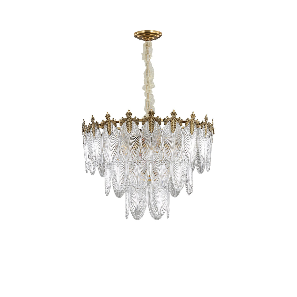 Unlit Clérachic chandelier on white, with tiers of clear ribbed glass leaves hanging from a gold crown on a pale chain.