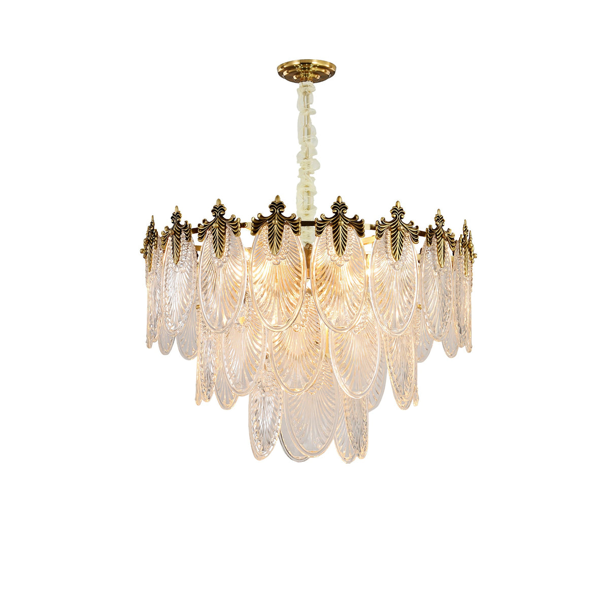 Softly lit Clérachic chandelier on white, its glass leaves glowing pale gold below a bronze-toned crown and a gold canopy.
