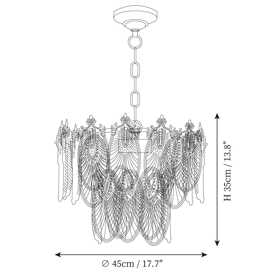 Clérachic pendant light dimension drawing, 1 of 4, every measurement marked in centimetres and inches.