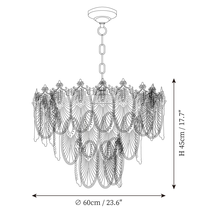 Clérachic pendant light dimension drawing, 2 of 4, every measurement marked in centimetres and inches.