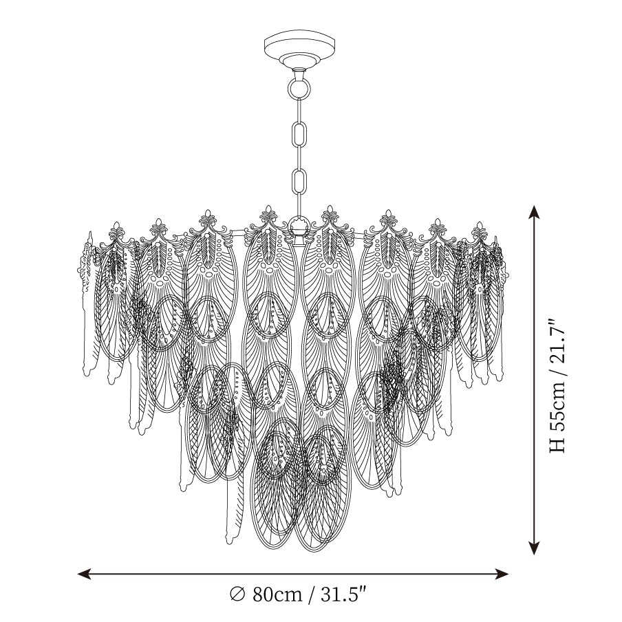 Clérachic pendant light dimension drawing, 4 of 4, every measurement marked in centimetres and inches.