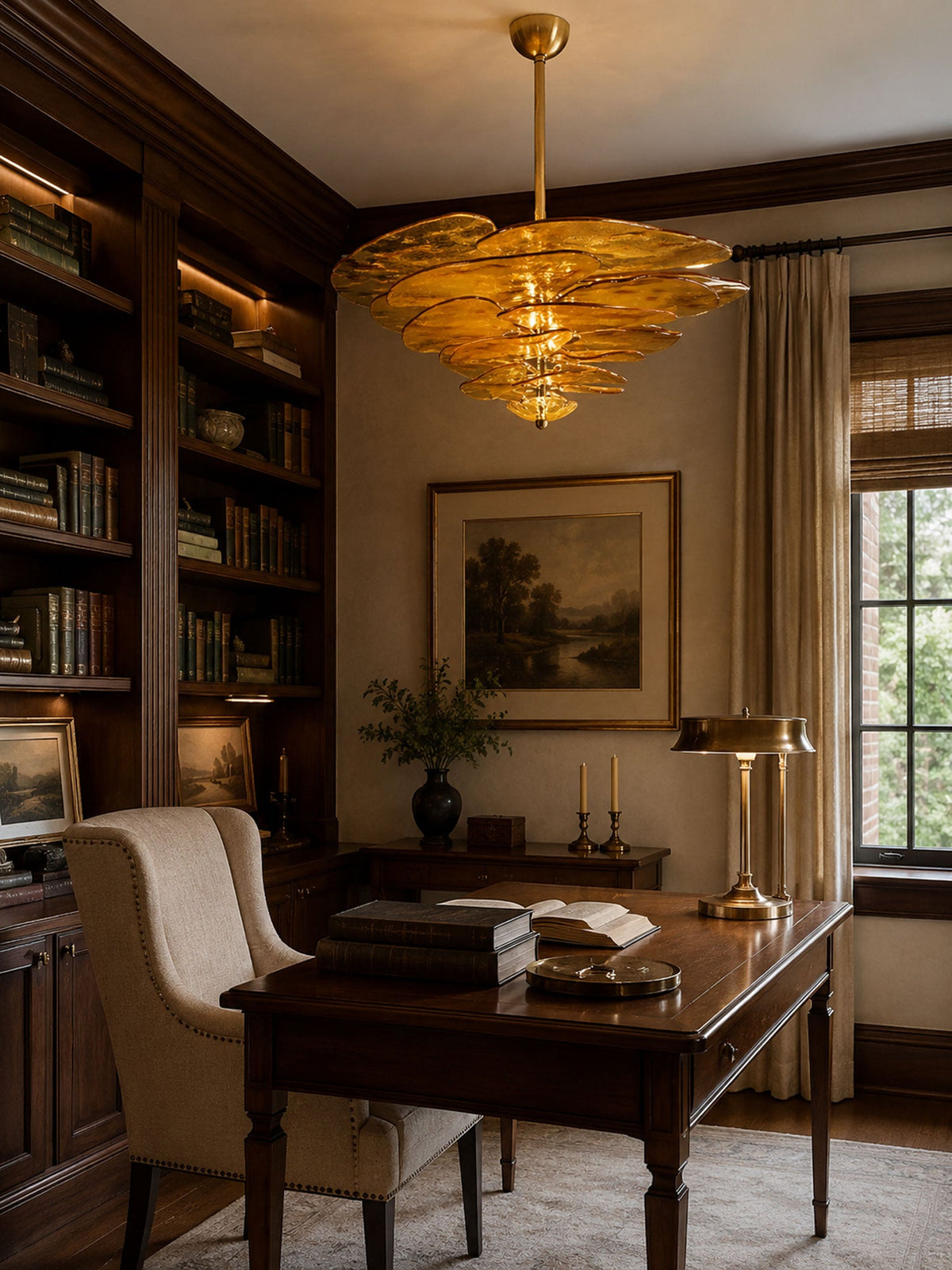 Lit amber Clérachic chandelier in a study with dark wood shelves, a leather-topped desk and a brass reading lamp.