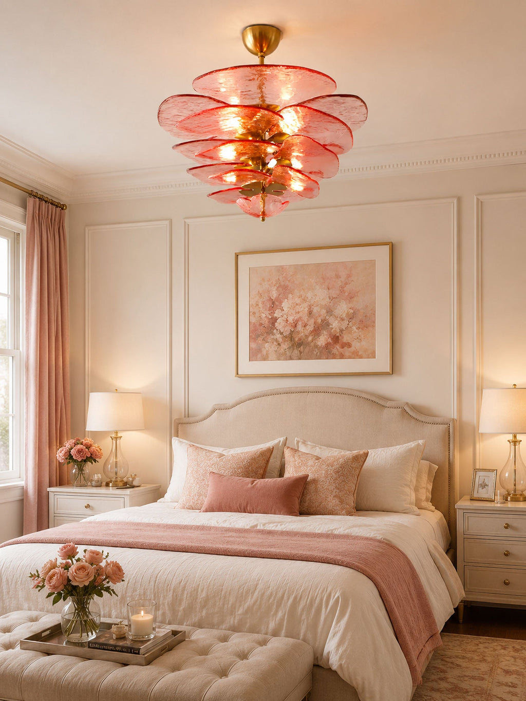 Pink glass Clérachic chandelier lit above a bed with blush bedding, a tufted bench and a framed floral print in a pale bedroom.