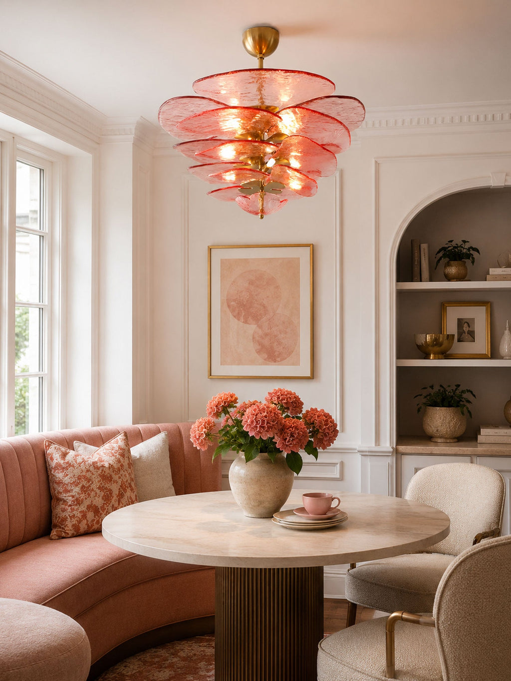 A pink Clérachic petal chandelier hangs over a round marble table with a blush curved banquette and a vase of coral flowers.