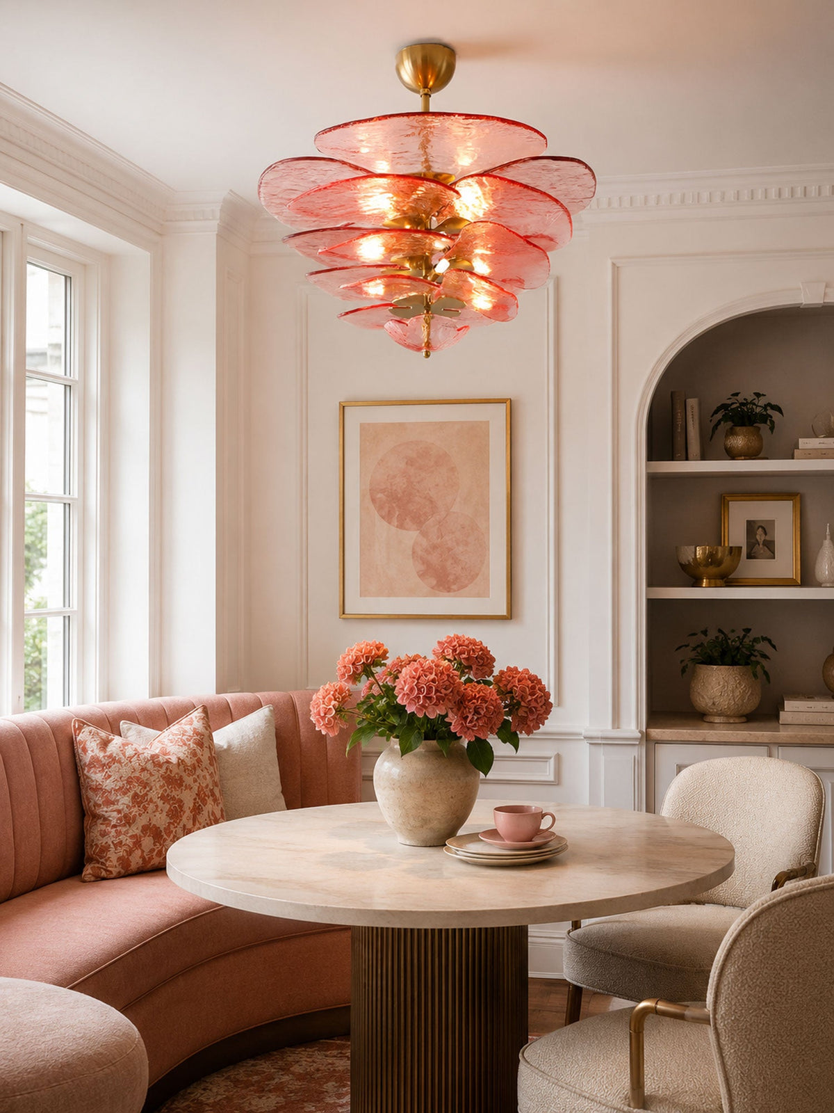 A pink Clérachic petal chandelier hangs over a round marble table with a blush curved banquette and a vase of coral flowers.