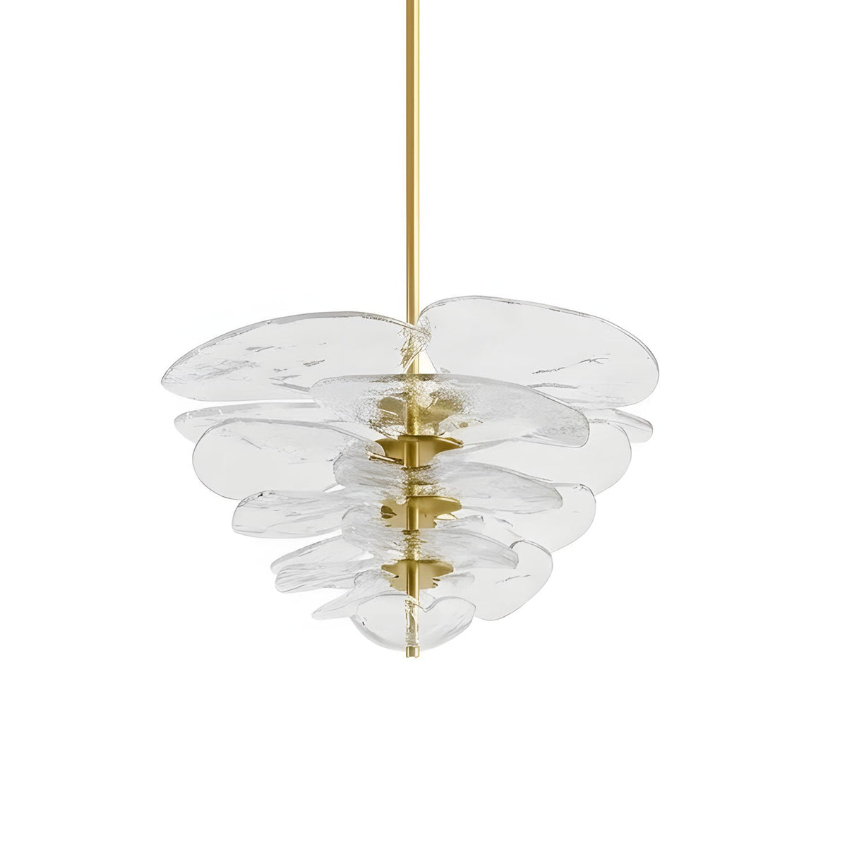 Clear glass Clérachic chandelier with gold fittings on white, its translucent petals layered around a brass rod.
