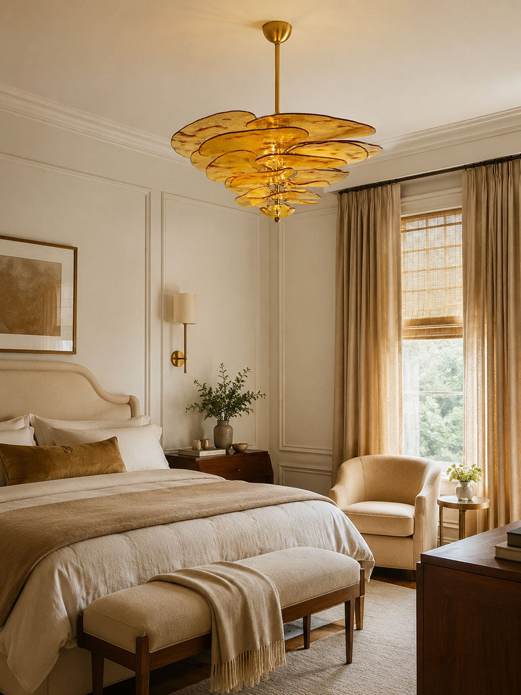 Amber Clérachic chandelier hanging in a bedroom with a beige upholstered bed, long curtains and a tan armchair by the window.