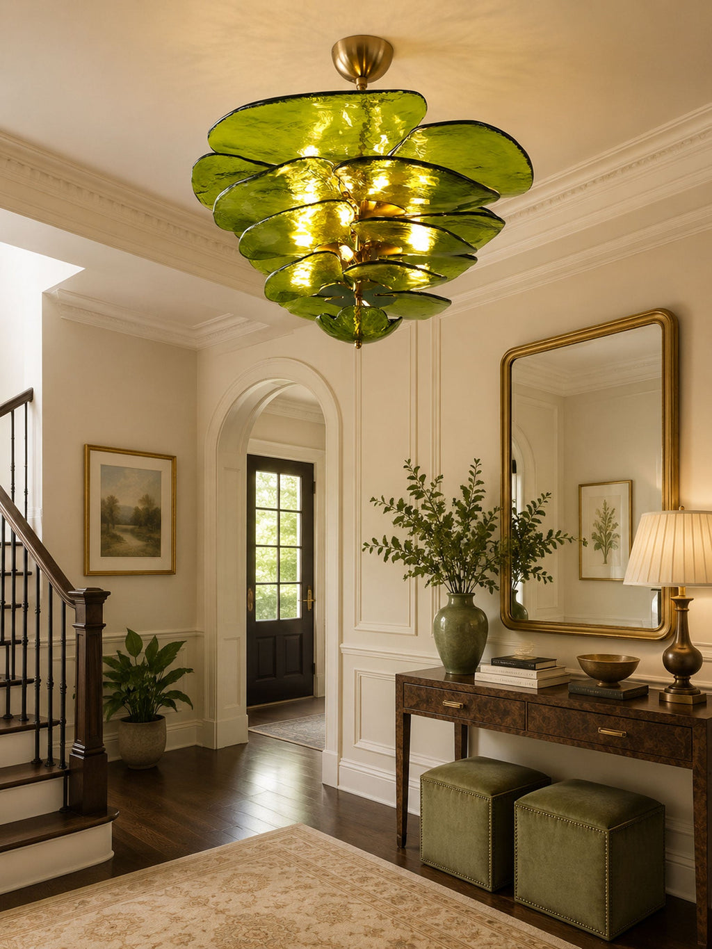 Green Clérachic chandelier lit in an entrance hall with a staircase, a gilt mirror, a console table and two olive velvet stools.