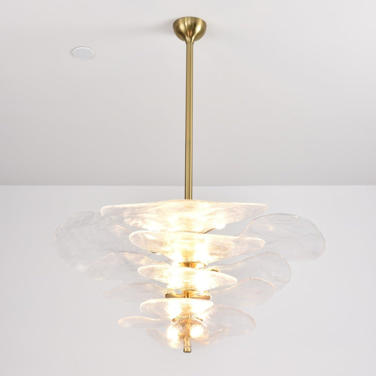 Lit clear glass Clérachic chandelier on a long brass rod, with soft white petals and bulbs glowing between the tiers.