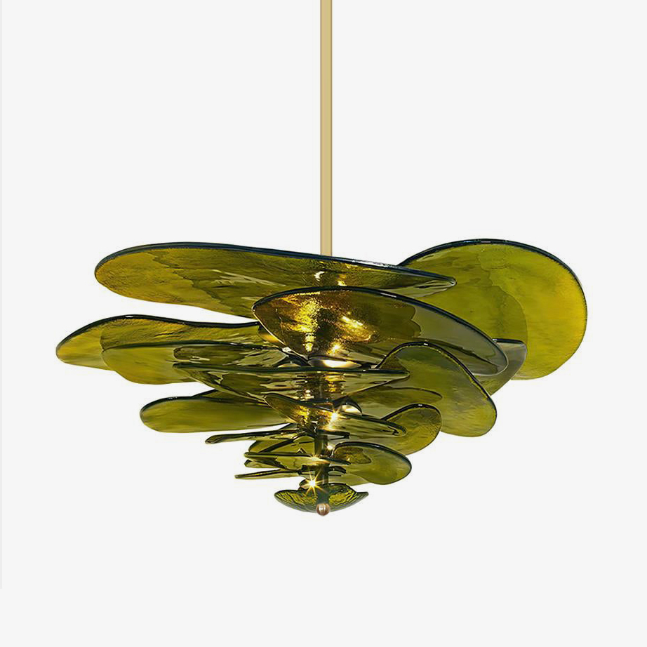 Green and gold Clérachic chandelier on a white backdrop, its petals of olive glass spread in a loose, uneven cluster.