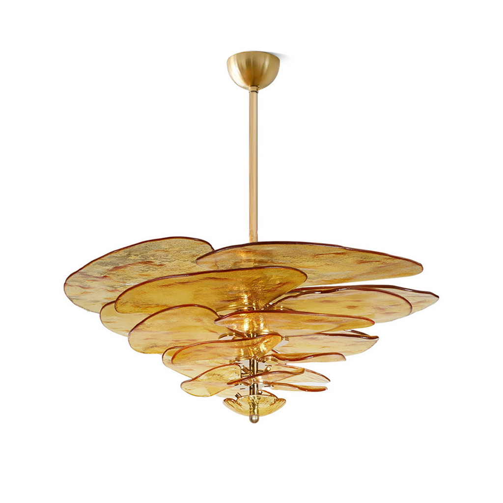 Amber Clérachic chandelier with gold fittings on a white backdrop, with orange-edged petals stacked below a short brass rod.