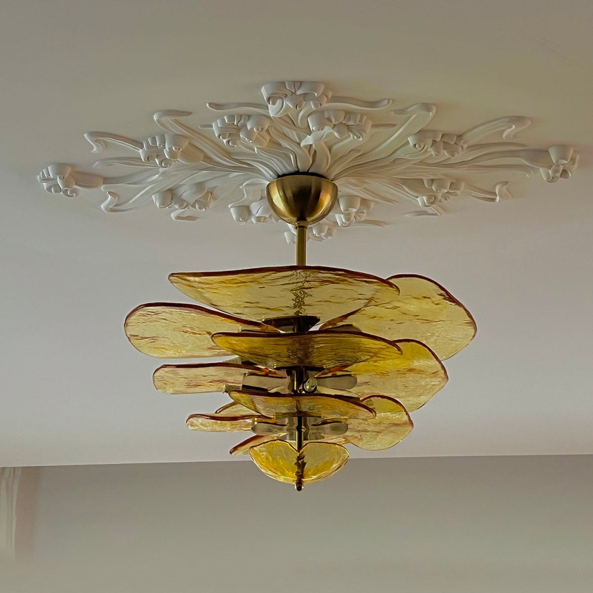 Amber Clérachic chandelier hung from a brass cup under an ornate white plaster ceiling rose, with a pale wall behind.