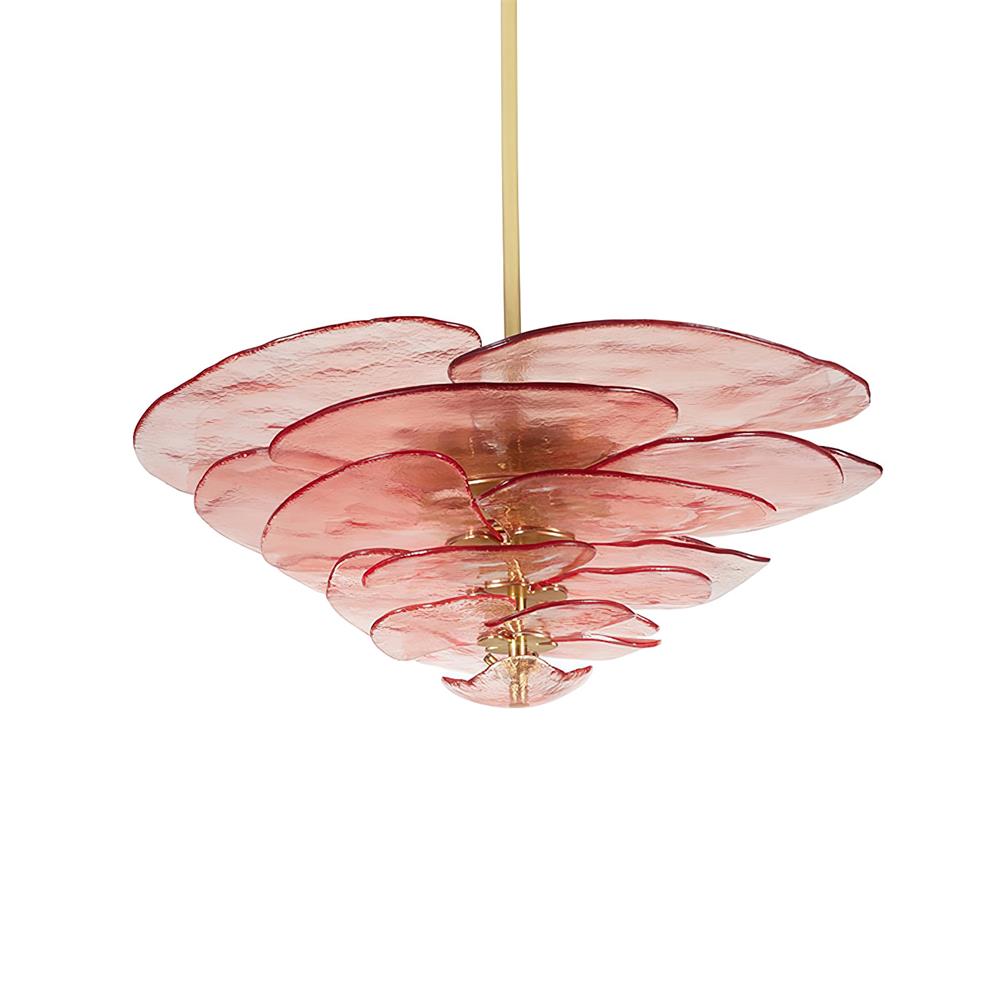 Pink Clérachic chandelier on a white backdrop, its petals edged in deep red and stacked below a long brass rod.