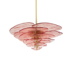 Pink Clérachic chandelier on a white backdrop, its petals edged in deep red and stacked below a long brass rod.