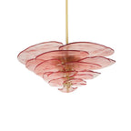 Pink and gold Clérachic chandelier on white, with wide red-edged petals tapering down to a small brass finial.