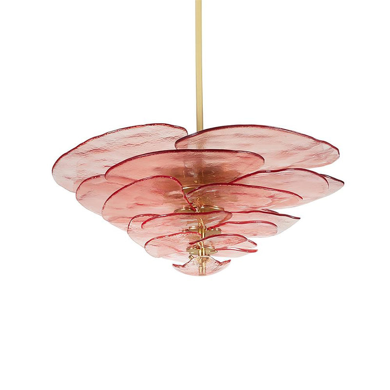 Pink and gold Clérachic chandelier on white, with wide red-edged petals tapering down to a small brass finial.