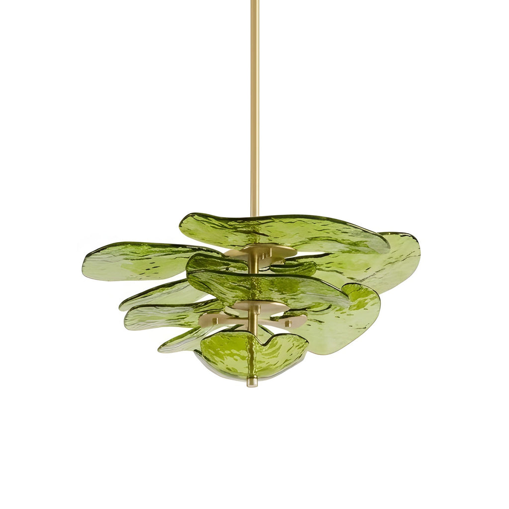 Green Clérachic chandelier on a white backdrop, its bright olive petals spread wide around a brass rod in a loose cluster.