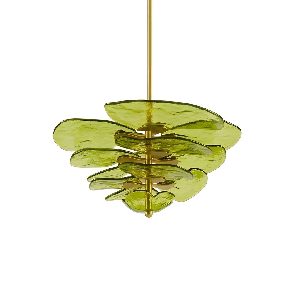 Render of a green Clérachic chandelier on white, with olive glass petals layered tightly on a long brass rod.