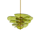 Render of a green Clérachic chandelier on white, with olive glass petals layered tightly on a long brass rod.