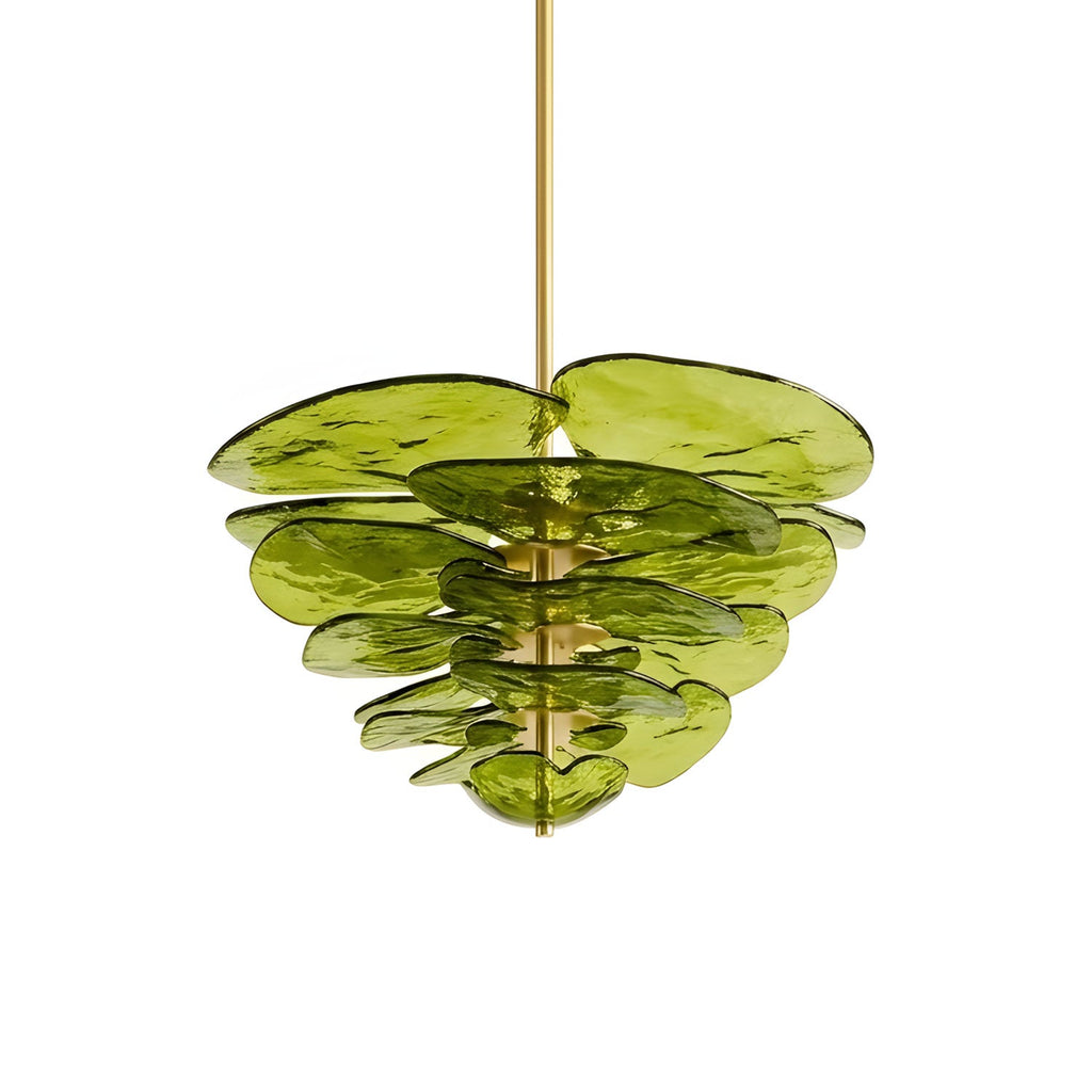 Green Clérachic chandelier on white, with overlapping olive petals in a rounded, tapering cluster and a thin brass rod above.