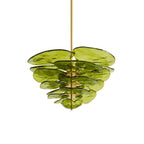 Green Clérachic chandelier on white, with overlapping olive petals in a rounded, tapering cluster and a thin brass rod above.