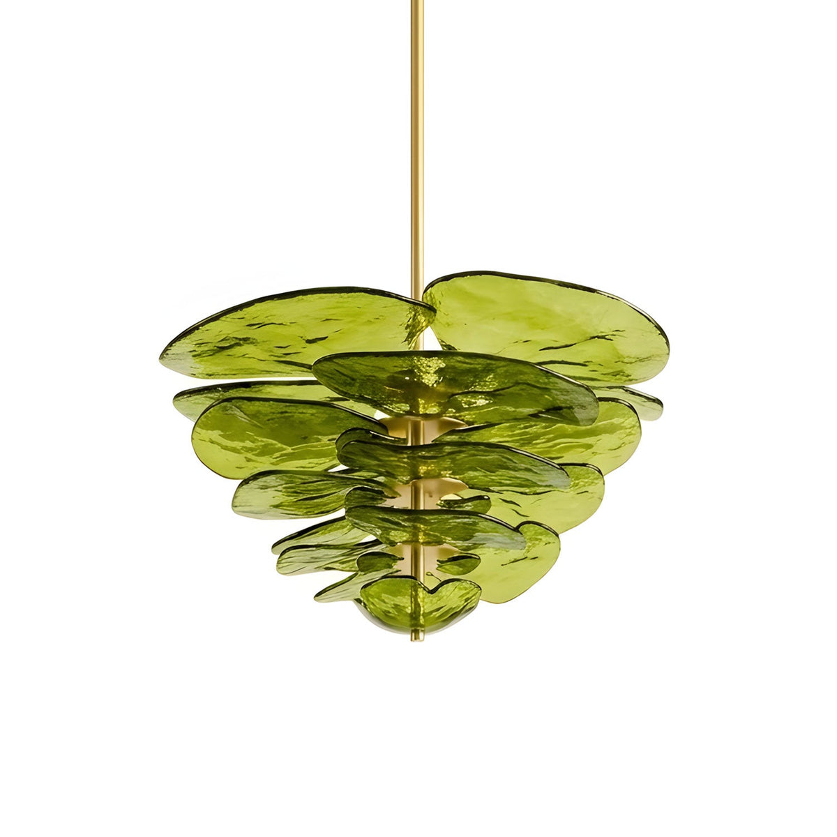 Green Clérachic chandelier on white, with overlapping olive petals in a rounded, tapering cluster and a thin brass rod above.